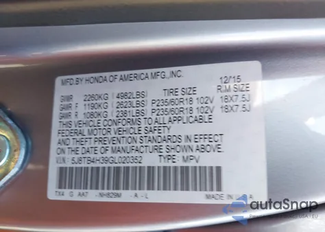 2016 Acura Rdx Acurawatch Plus Package from USA, damaged, VIN 5J8TB4H39GL020352